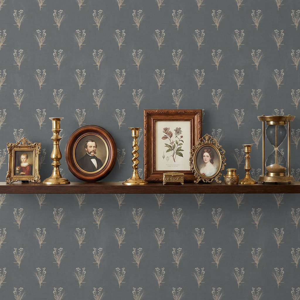 Navy wallpaper with delicate wildflower pattern and vintage decor on shelf.