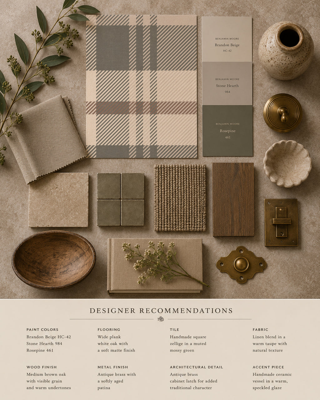 Nellie Heritage Plaid wallpaper with cream and green samples and decor items.
