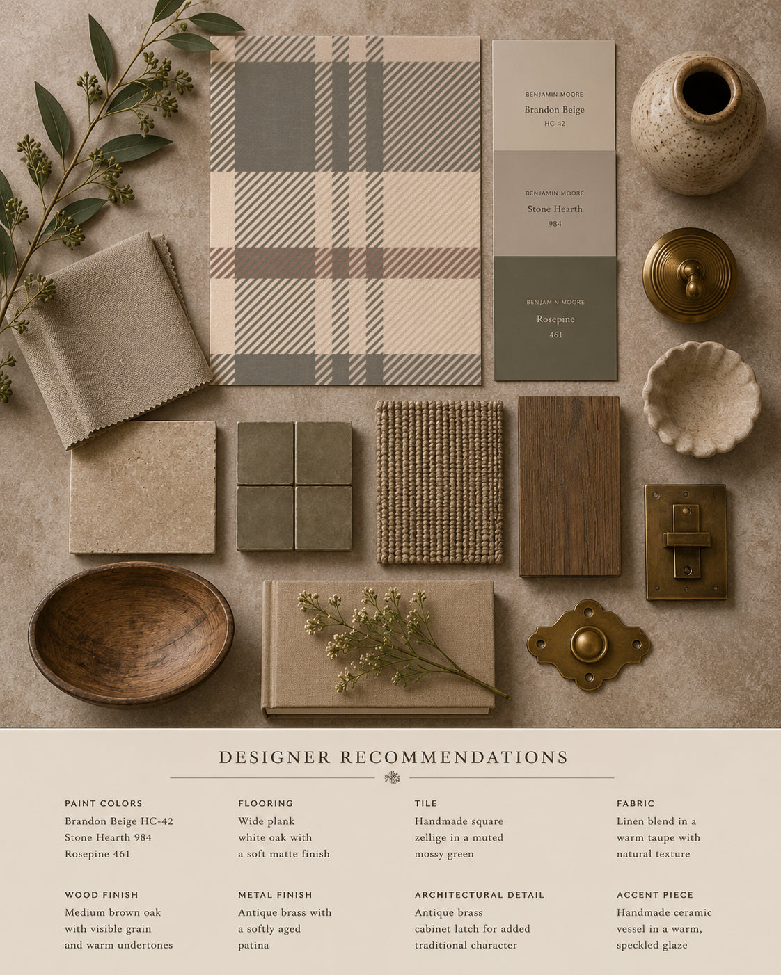 Nellie Heritage Plaid wallpaper with cream and green samples and decor items.