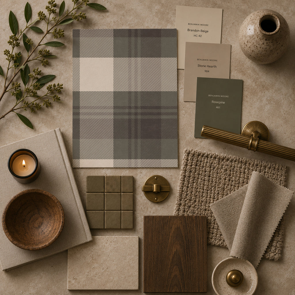 Nellie Heritage Plaid Green and Charcoal wallpaper with decor samples.