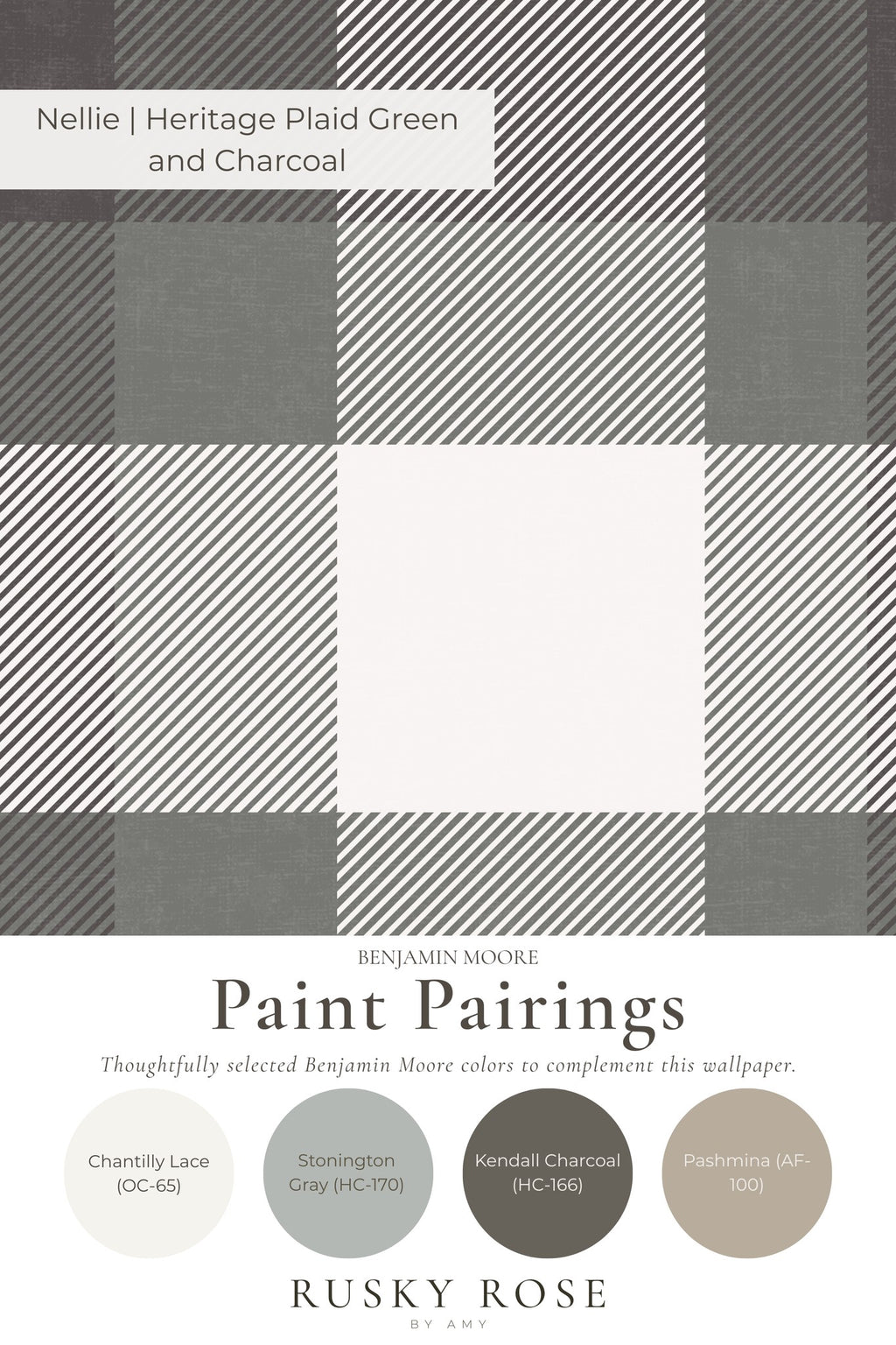 Nellie heritage plaid green and charcoal wallpaper sample with paint pairings.