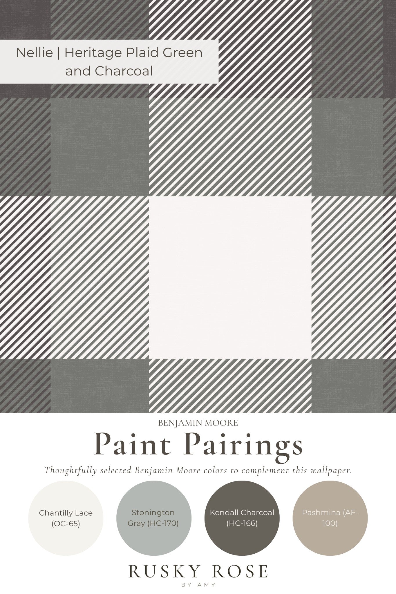 Nellie heritage plaid green and charcoal wallpaper sample with paint pairings.
