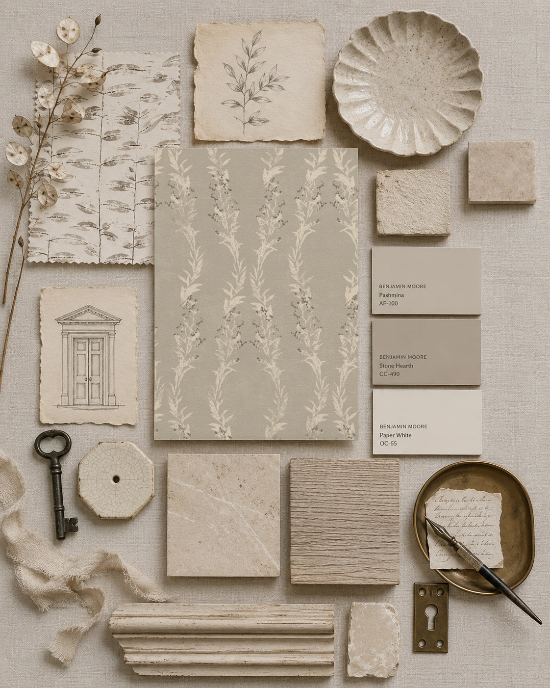 Neutral botanical wallpaper sample with leafy garlands in a vintage-inspired flatlay.