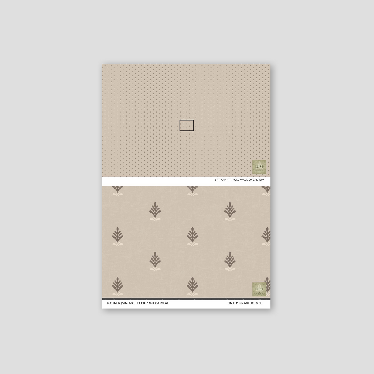 Oatmeal vintage block print wallpaper with delicate floral motif.