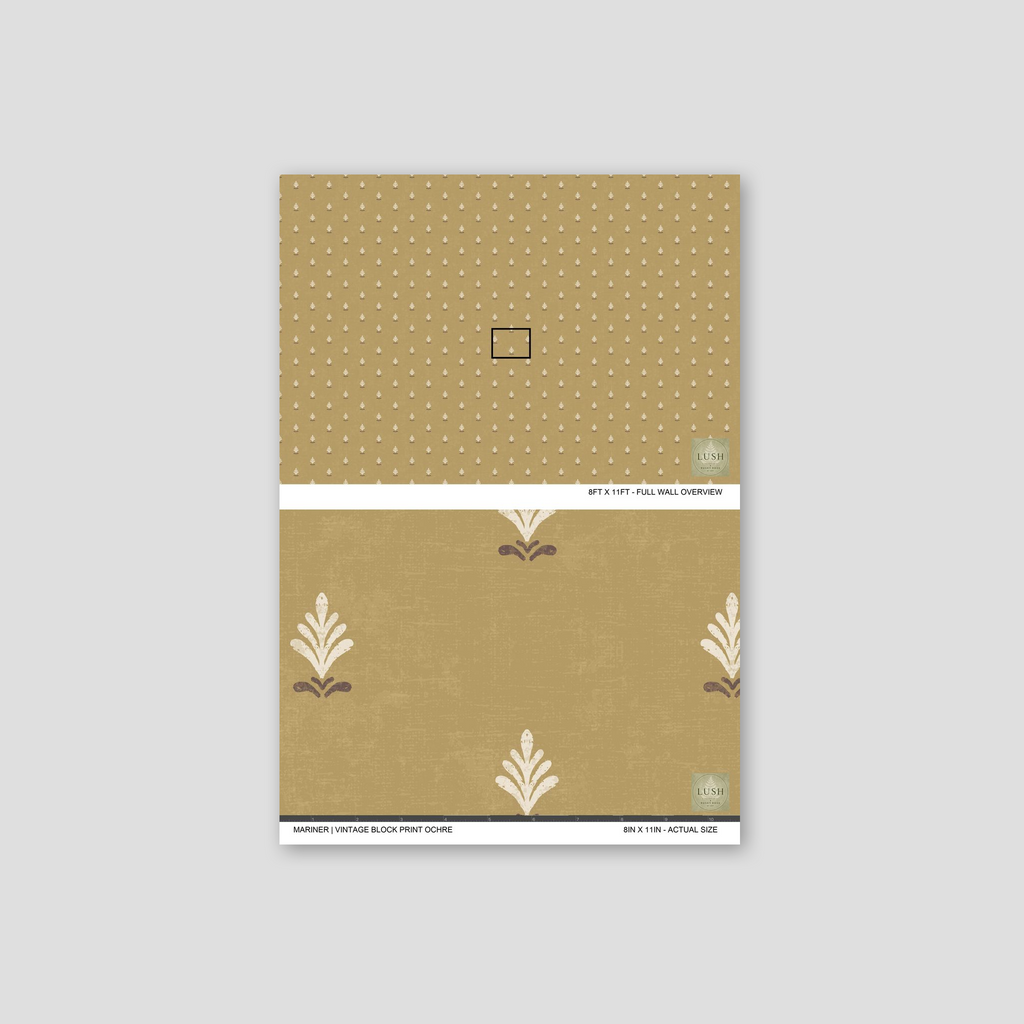 Ochre wallpaper with cream and brown floral motifs, vintage style.