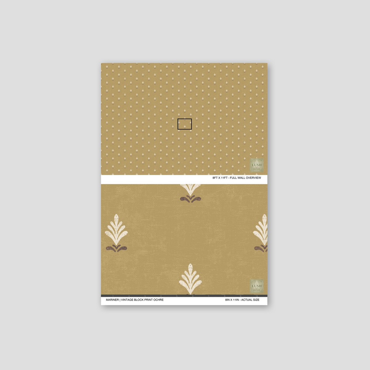 Ochre wallpaper with cream and brown floral motifs, vintage style.