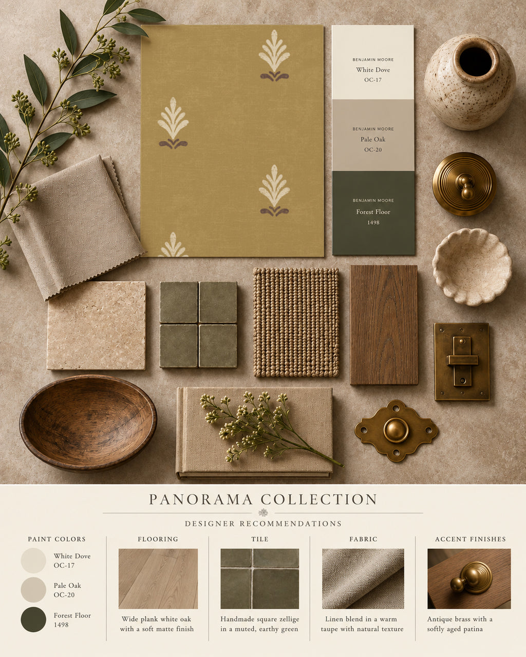 Ochre vintage block print wallpaper with cream and brown motifs in a rustic decor setting.