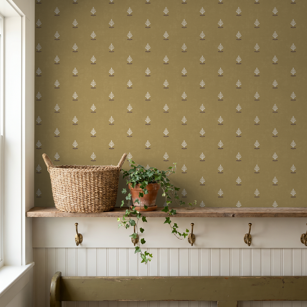 Ochre vintage block print wallpaper with cream motifs in rustic setting