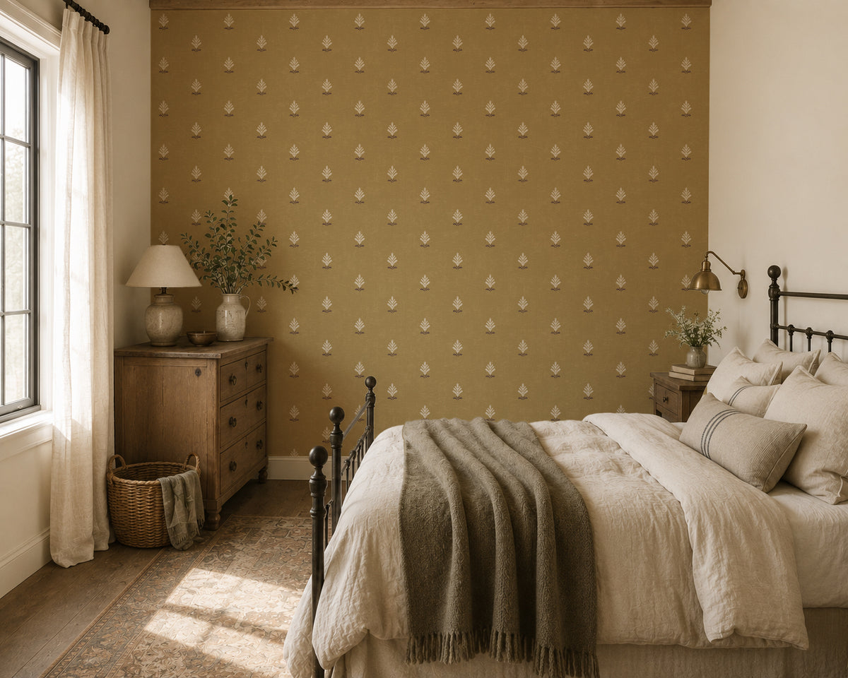 Ochre vintage floral wallpaper in cozy bedroom with wooden furniture and soft textiles.