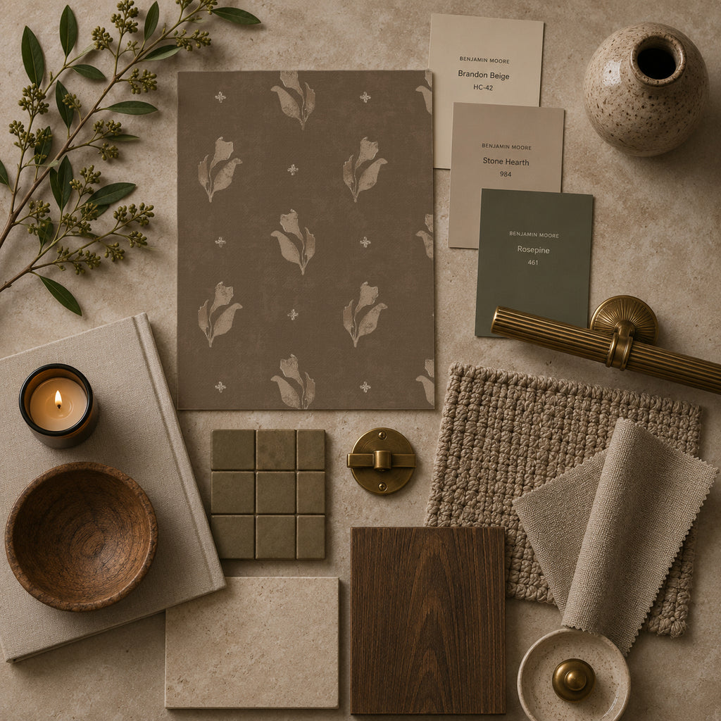 Olive botanical bloom wallpaper sample with earthy decor elements.