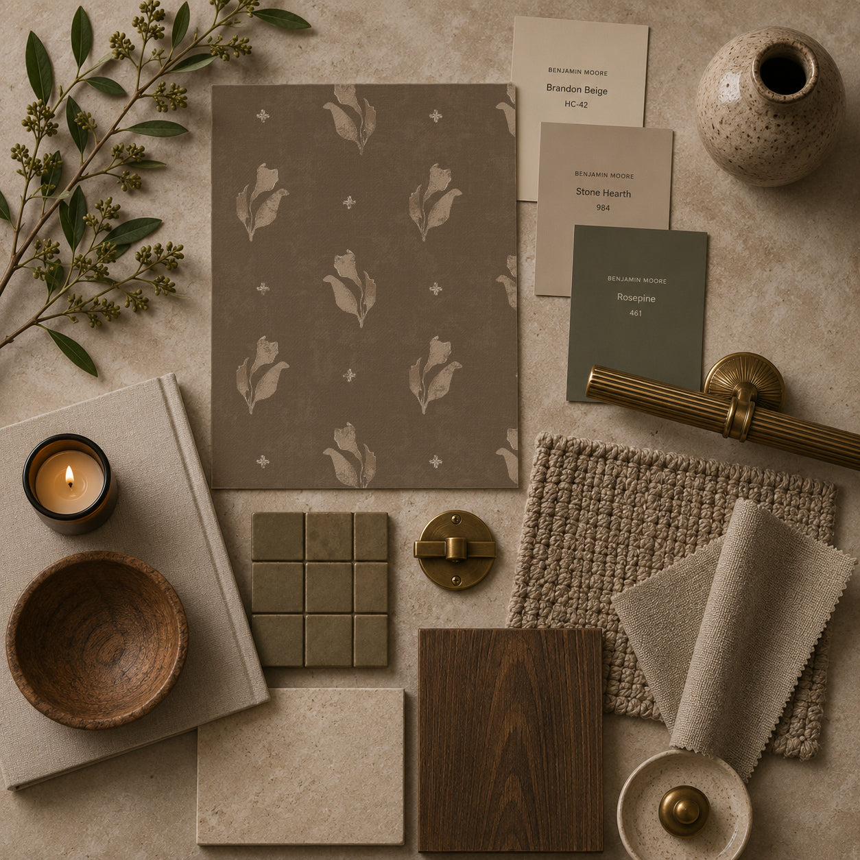 Olive botanical bloom wallpaper sample with earthy decor elements.