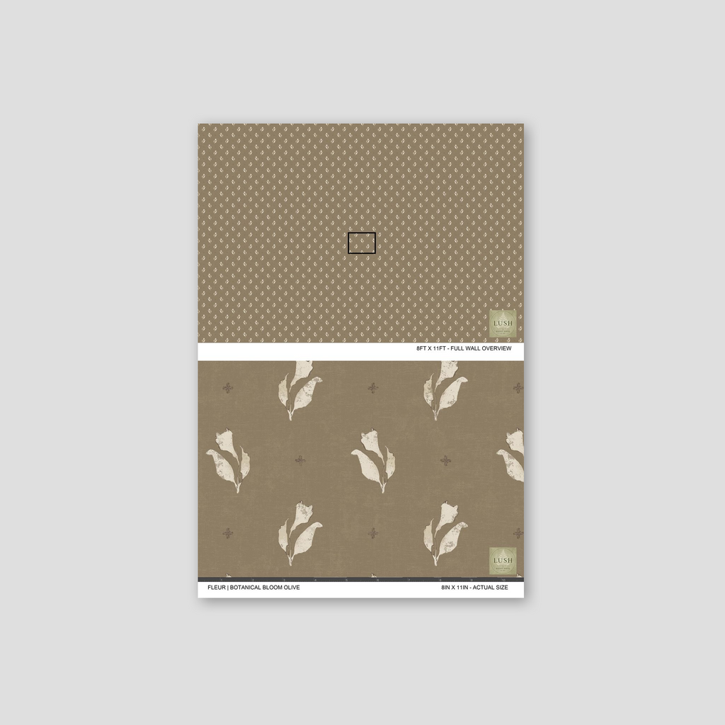 Olive brown wallpaper with ivory floral motifs, vintage botanical style