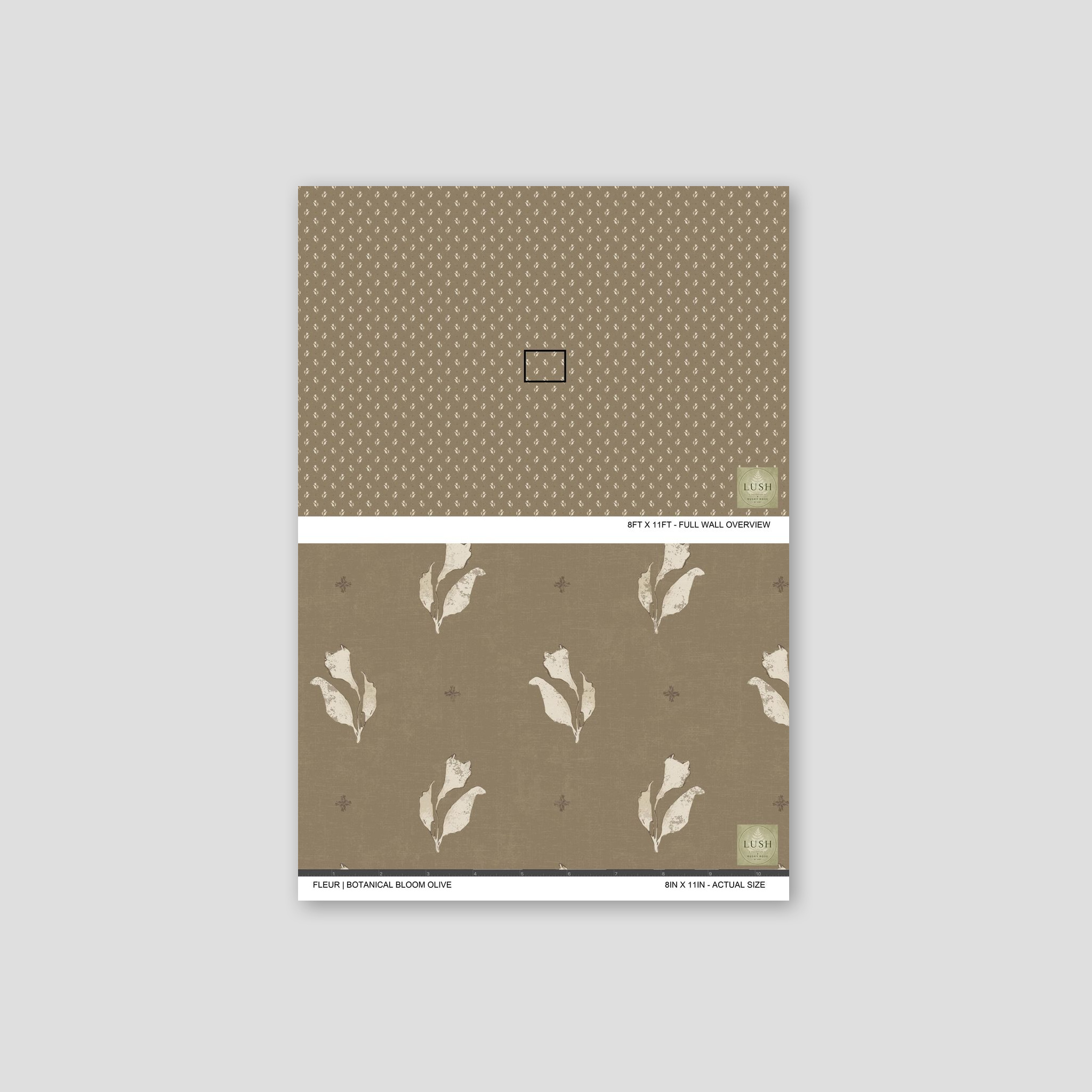 Olive brown wallpaper with ivory floral motifs, vintage botanical style