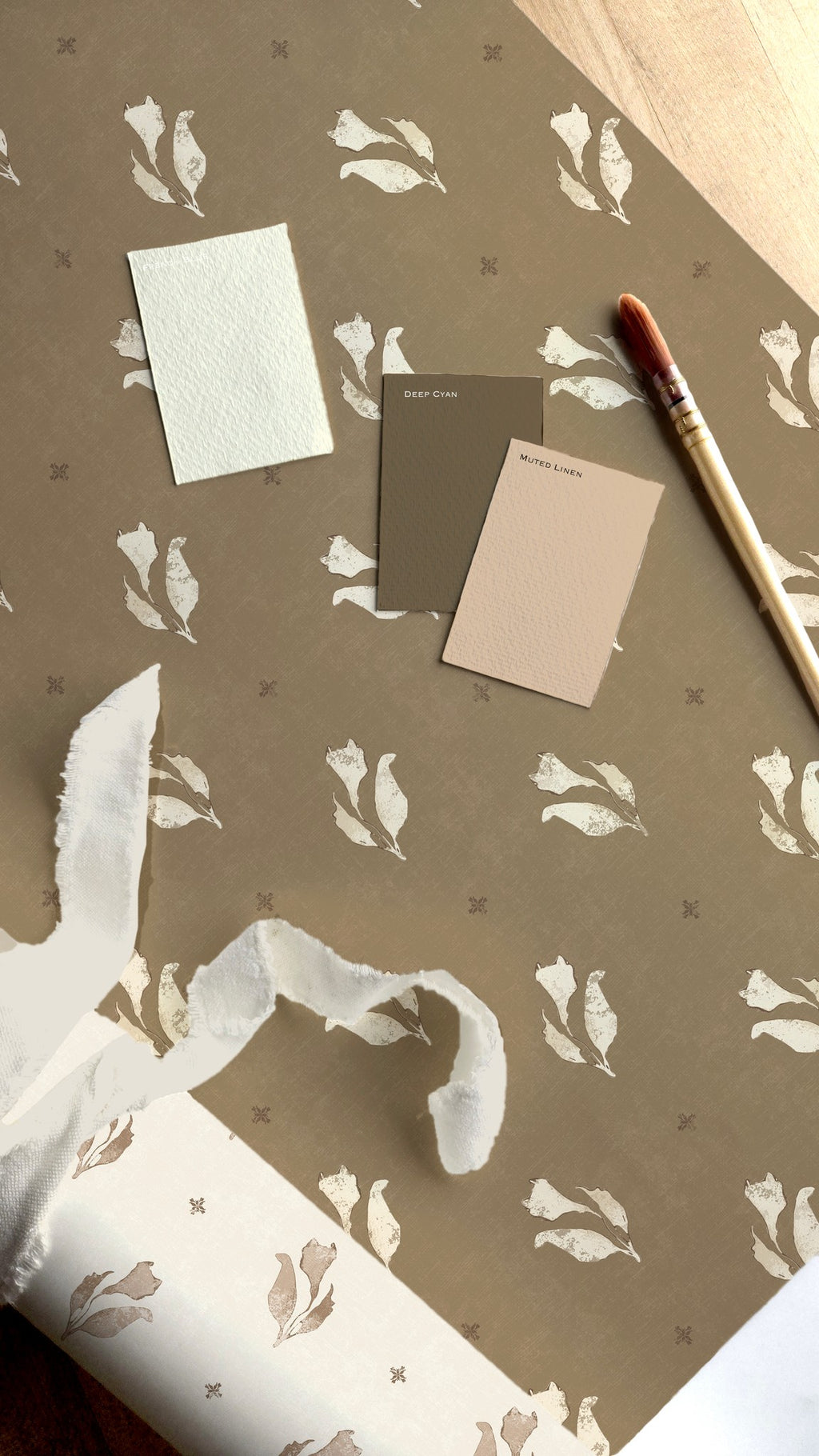 Olive botanical floral wallpaper sample with paint swatches and brush.