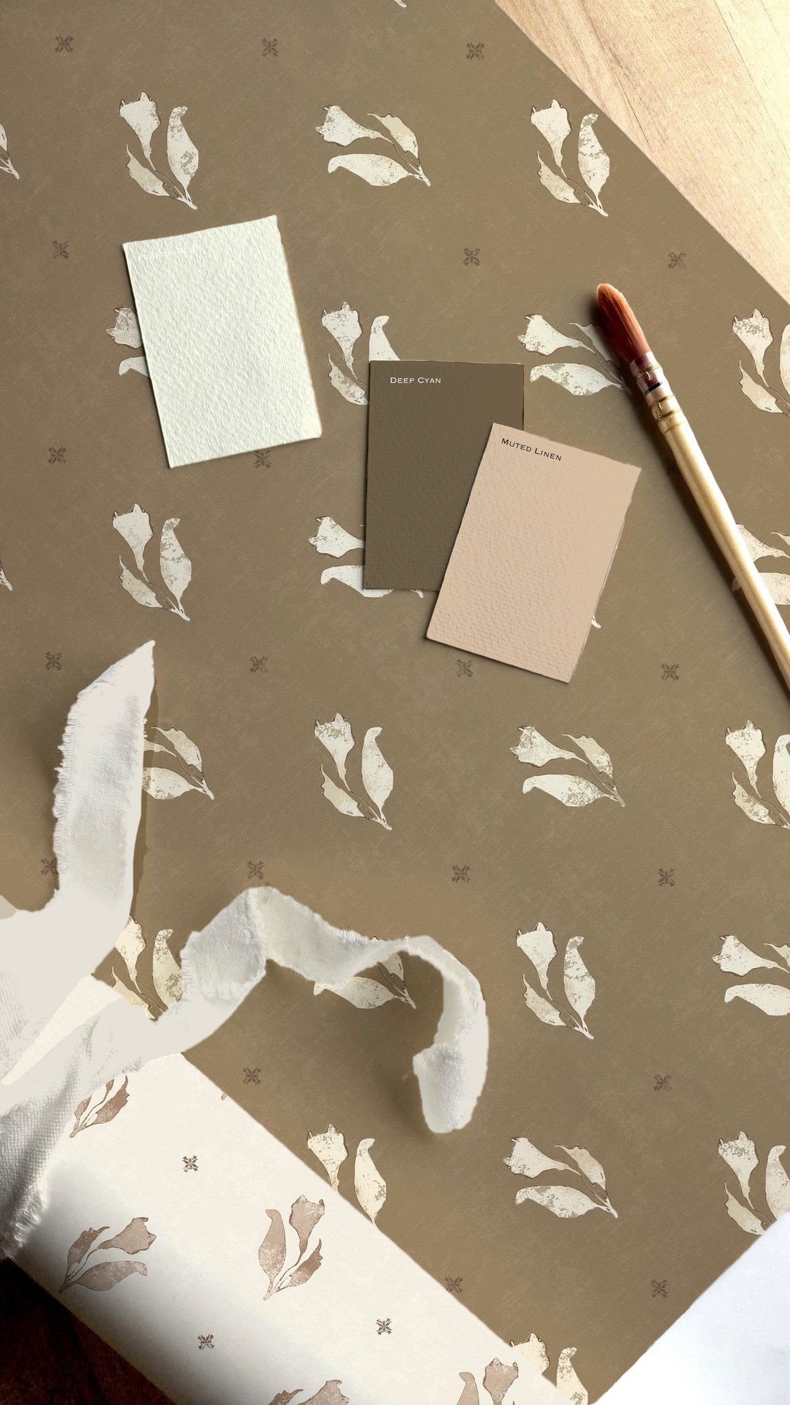 Olive botanical floral wallpaper sample with paint swatches and brush.