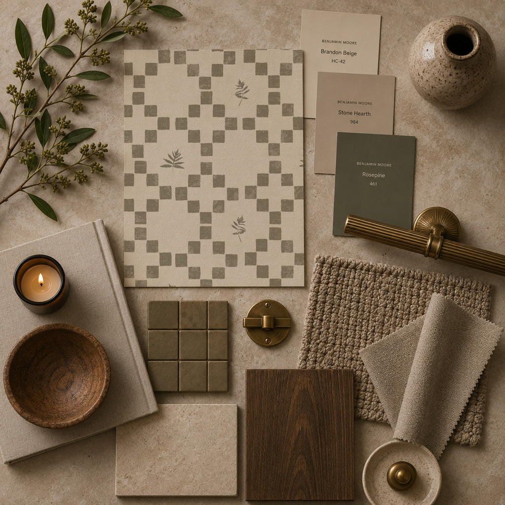 Olive botanical lattice wallpaper sample with beige squares and leaf motifs on cream background.