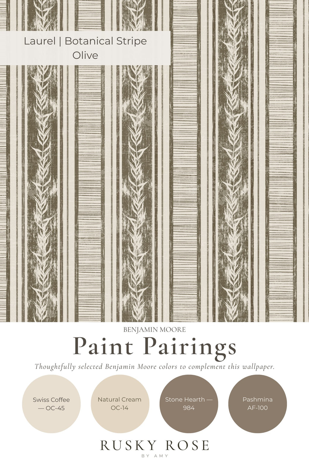 Olive botanical stripe wallpaper with laurel motifs and taupe accents.