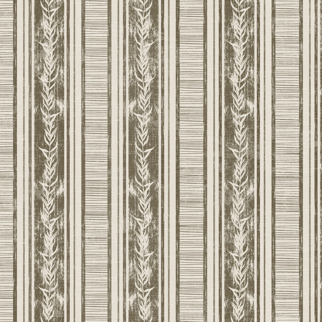 Olive botanical stripe wallpaper with laurel motifs and earthy tones.