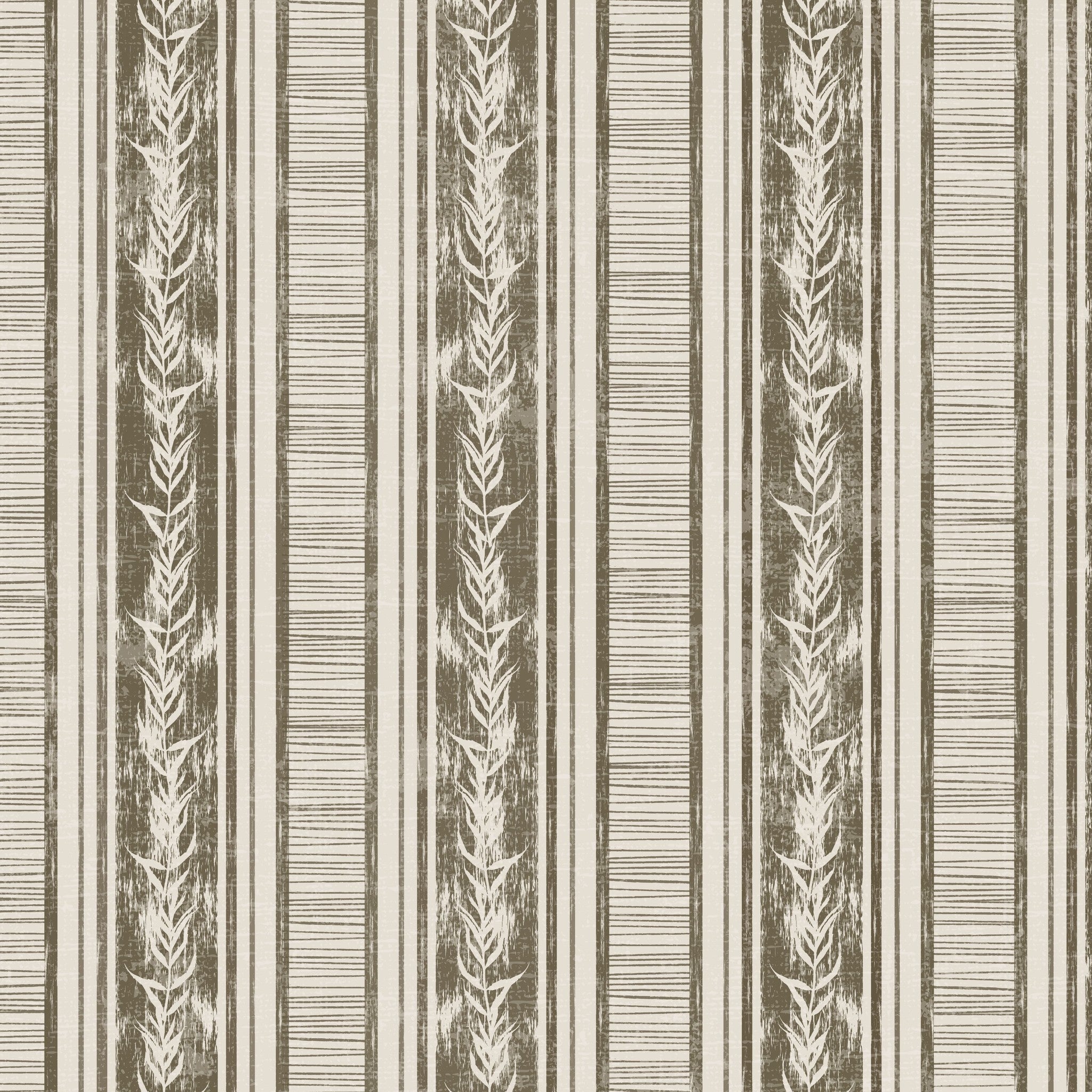 Olive botanical stripe wallpaper with laurel motifs and earthy tones.
