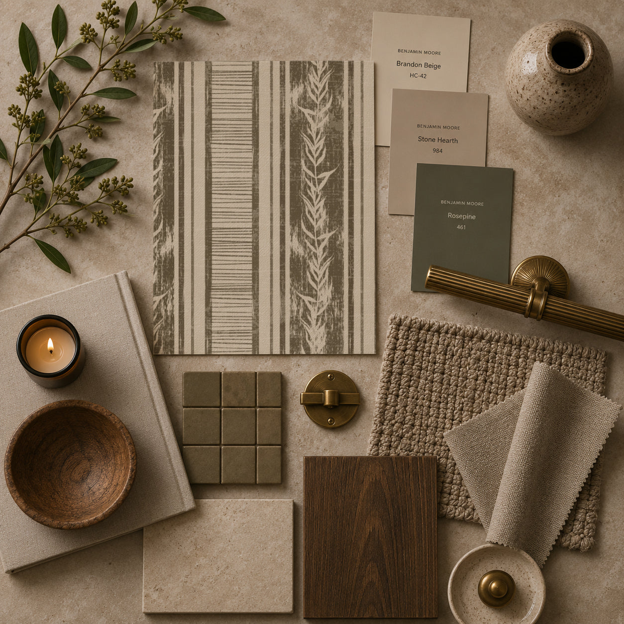 Olive botanical stripe wallpaper sample with earthy decor elements.
