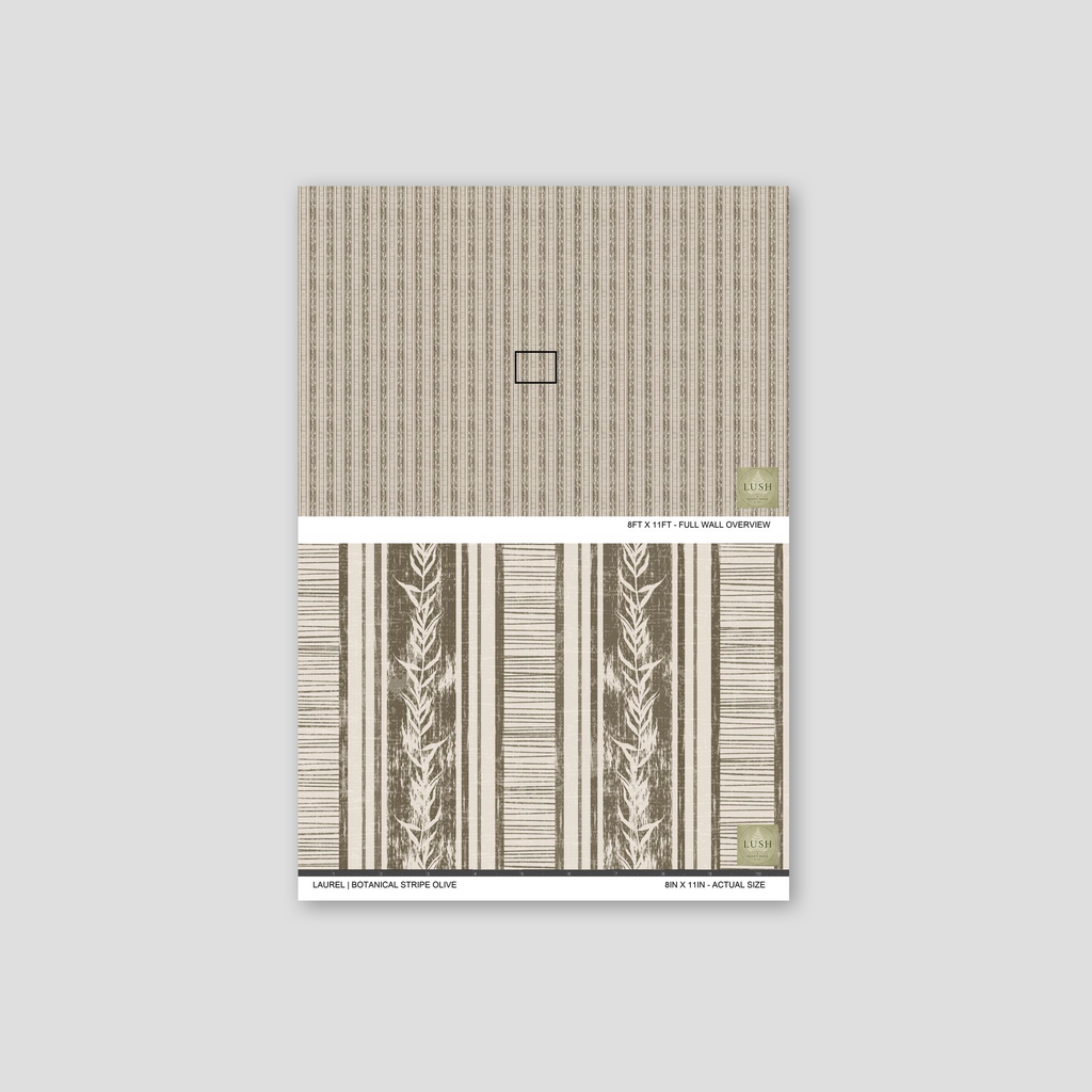 Olive botanical stripe wallpaper with taupe and cream laurel motifs