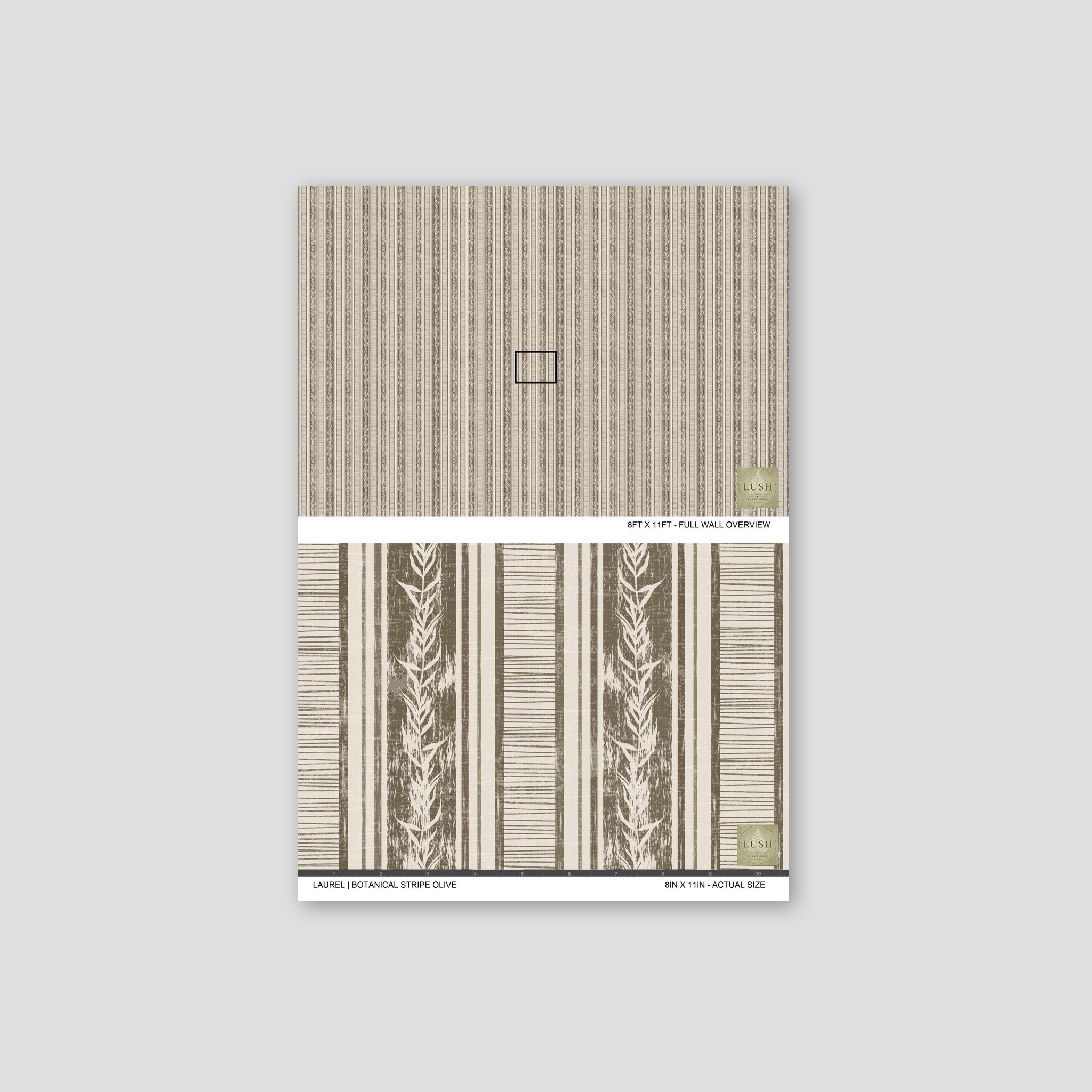 Olive botanical stripe wallpaper with taupe and cream laurel motifs