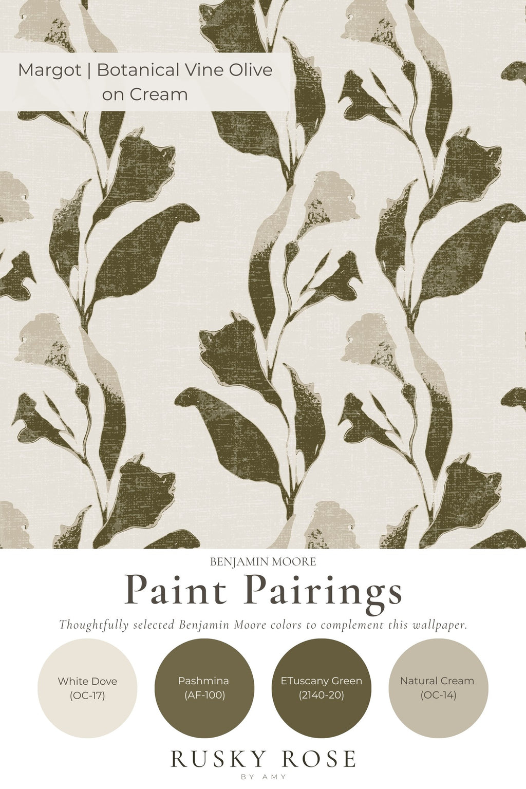 Olive botanical vine wallpaper on cream with paint pairings.