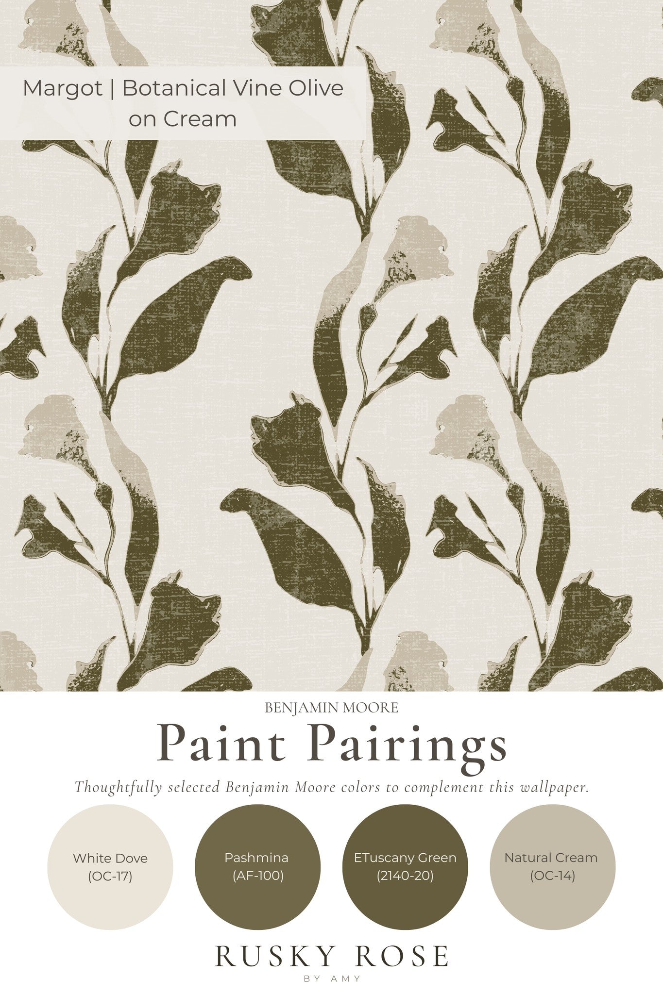 Olive botanical vine wallpaper on cream with paint pairings.