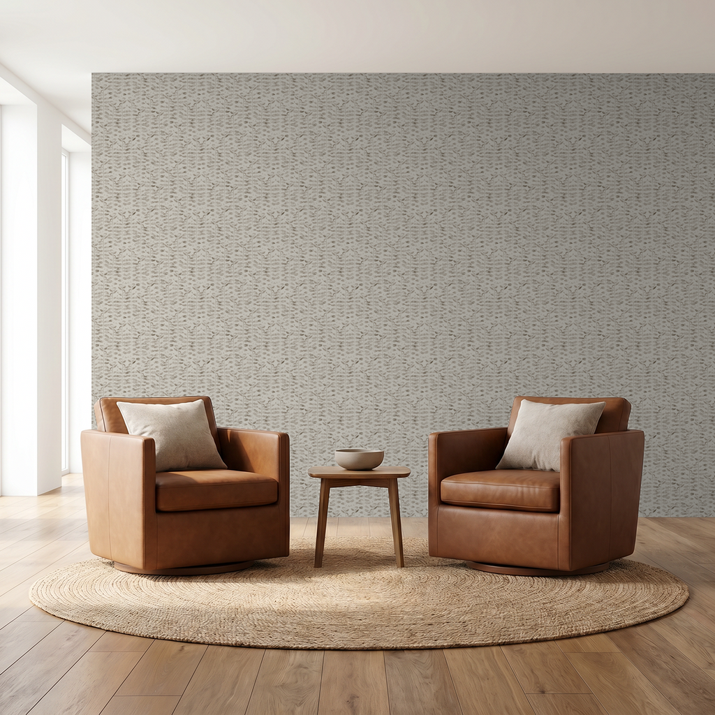 Olive branch linen wallpaper in modern living room with leather chairs.