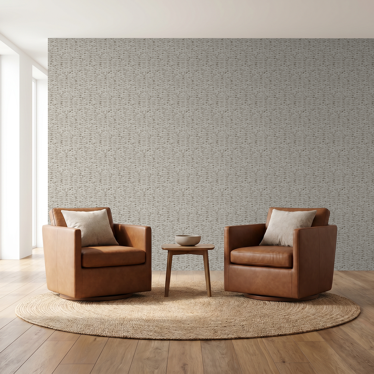 Olive branch linen wallpaper in modern living room with leather chairs.