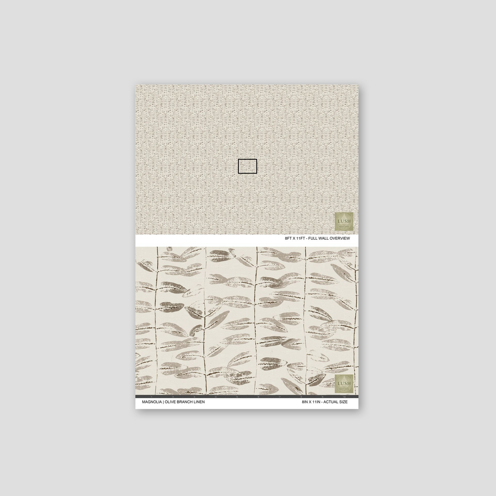 Olive branch linen wallpaper with taupe botanical pattern