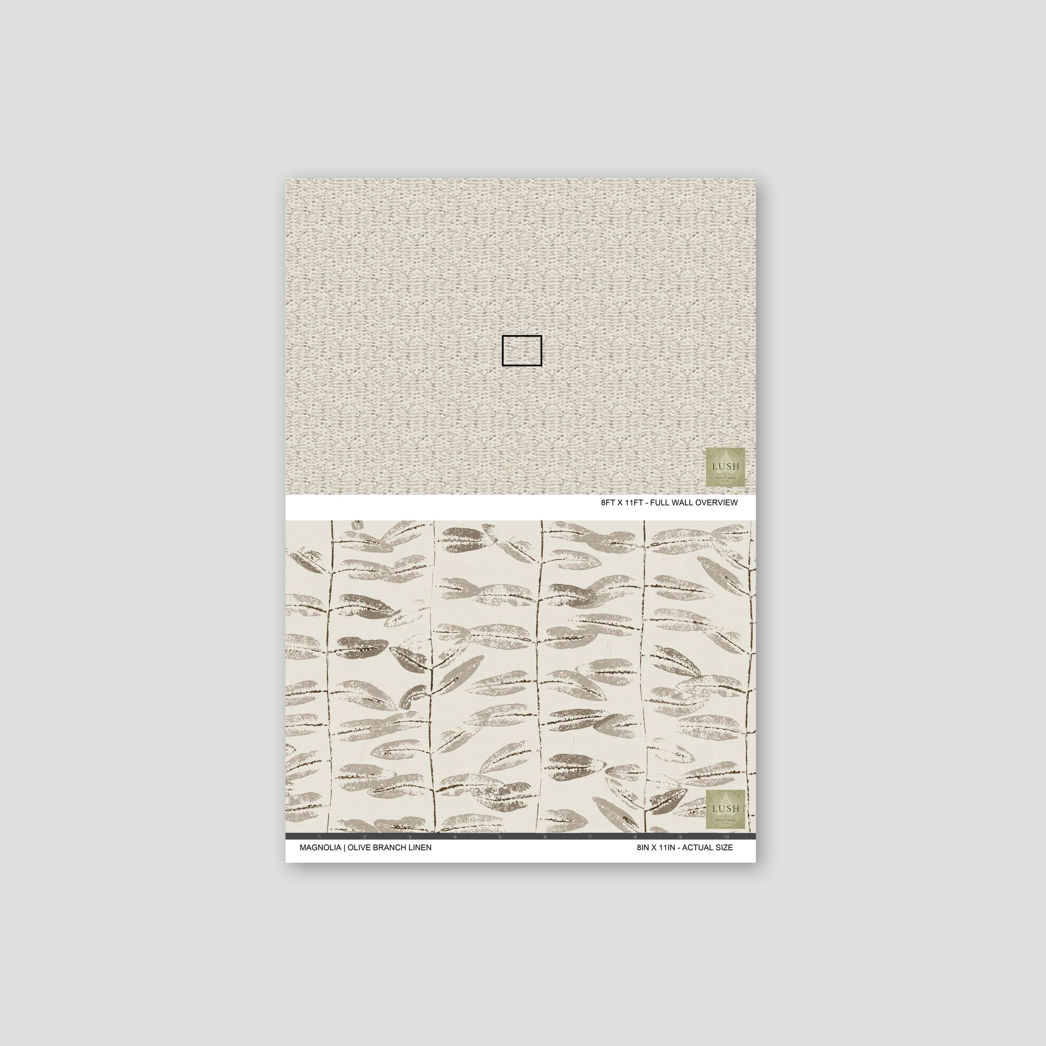 Olive branch linen wallpaper with taupe botanical pattern