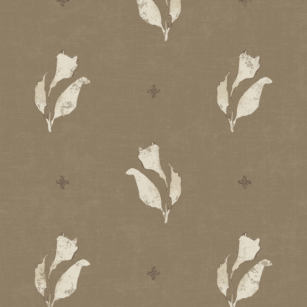 Olive brown floral wallpaper with ivory blooms and vintage texture