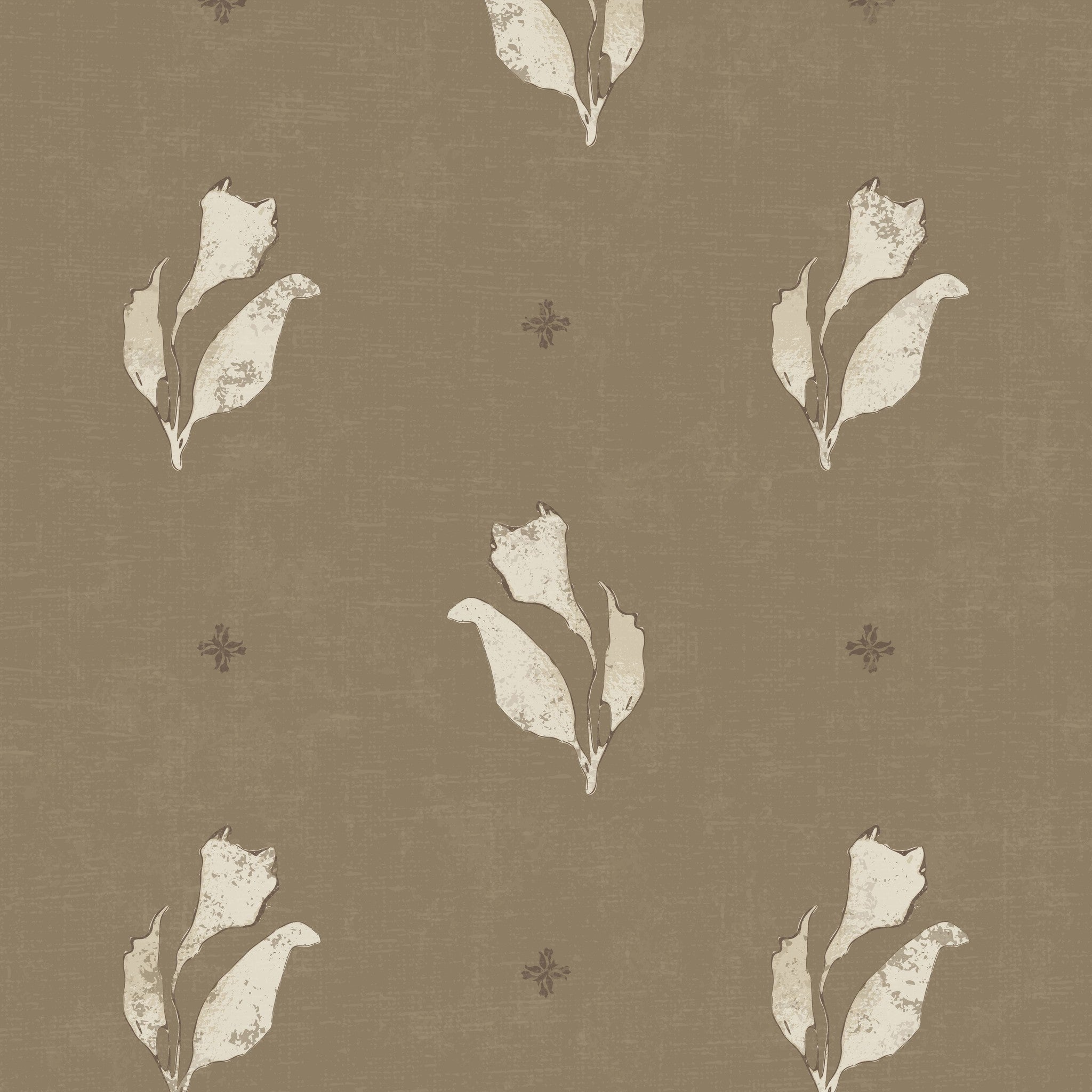 Olive brown floral wallpaper with ivory blooms and vintage texture