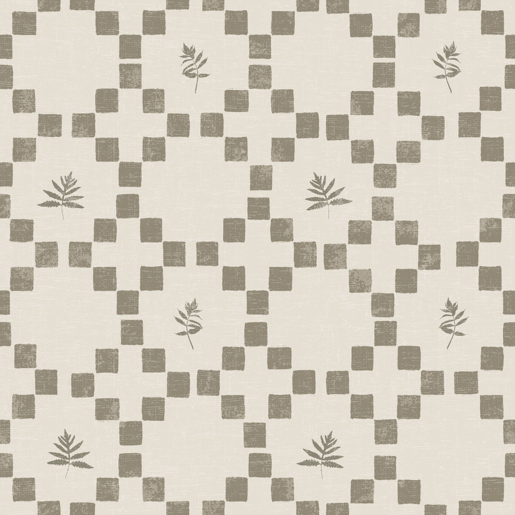 Olive and cream botanical lattice wallpaper with geometric squares and leaf motifs.