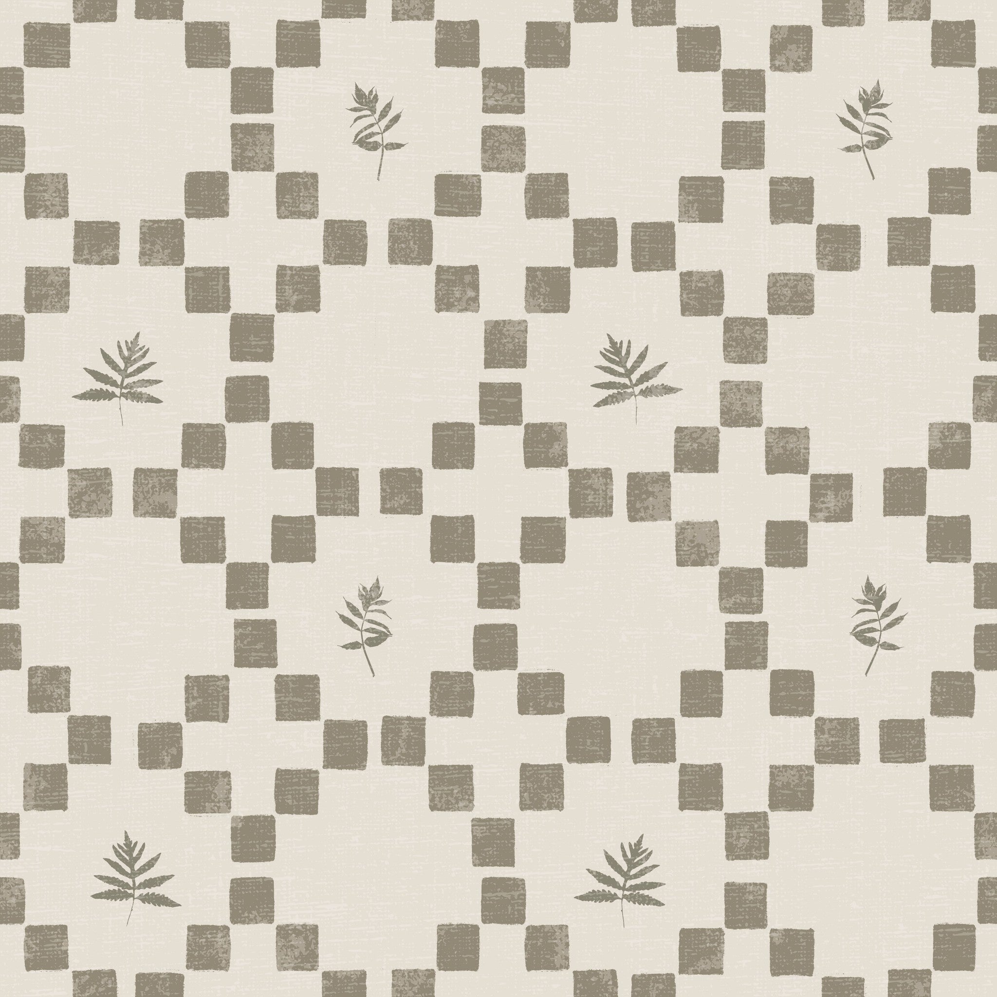 Olive and cream botanical lattice wallpaper with geometric squares and leaf motifs.