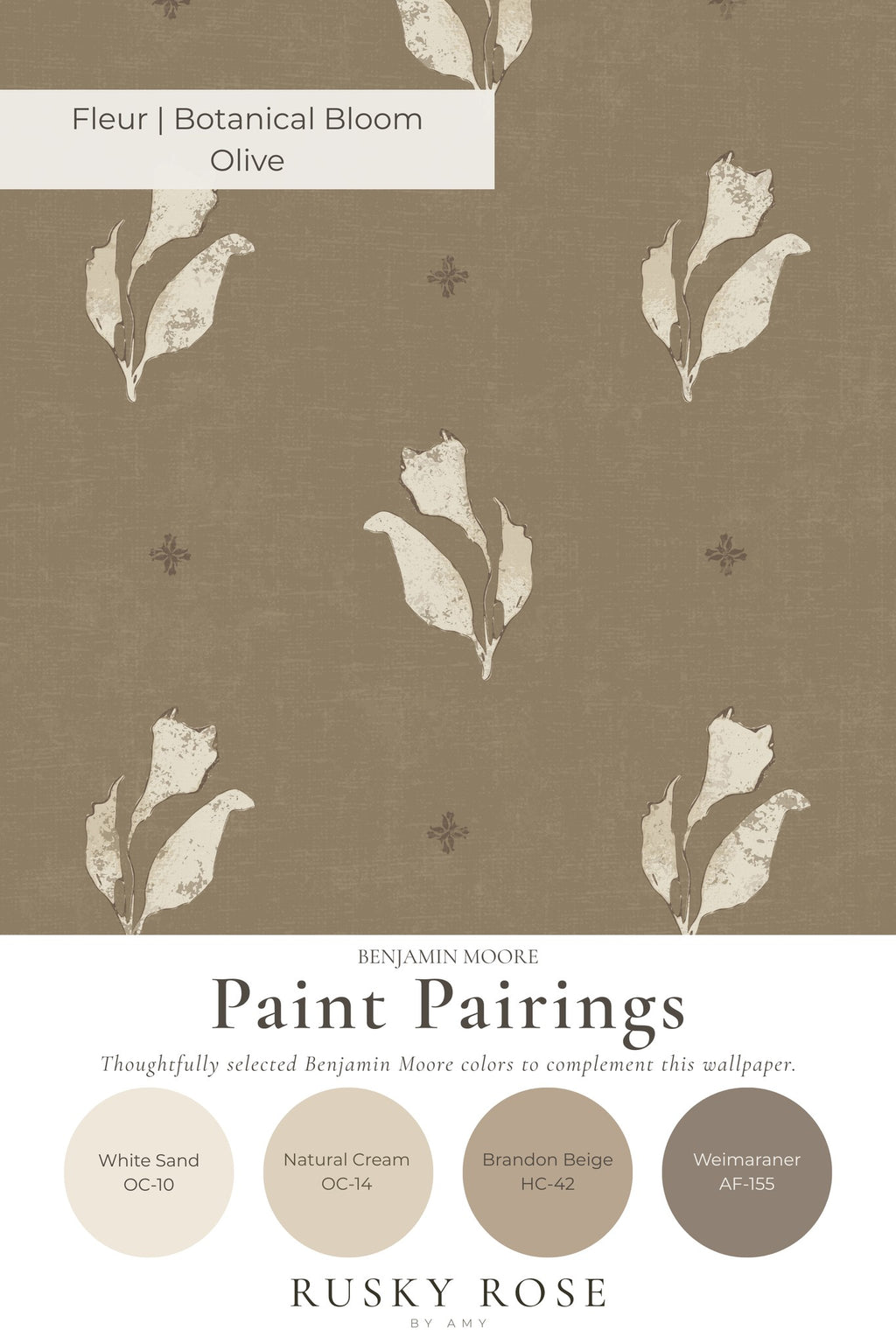 Olive floral wallpaper with ivory botanical motifs on earthy brown background.