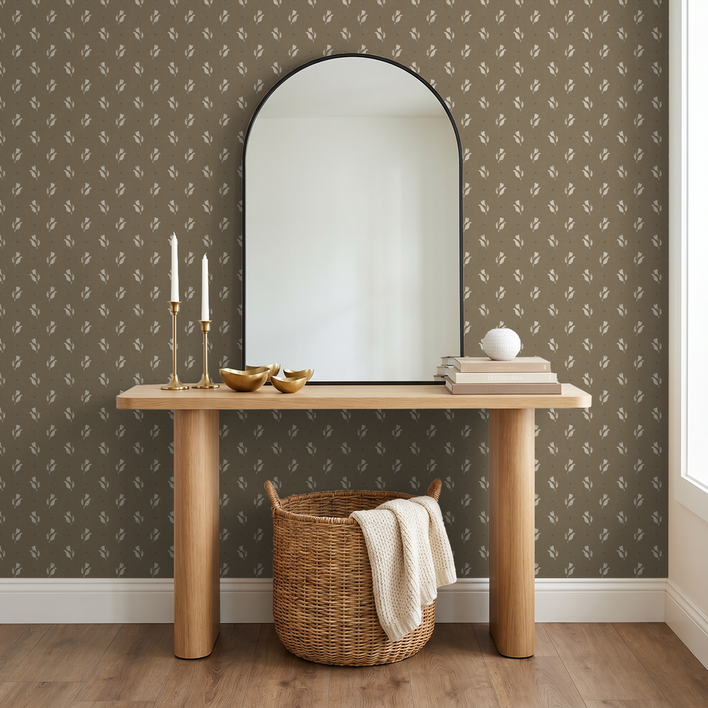 Olive floral wallpaper with delicate ivory motifs in modern entryway with mirror and wooden table.