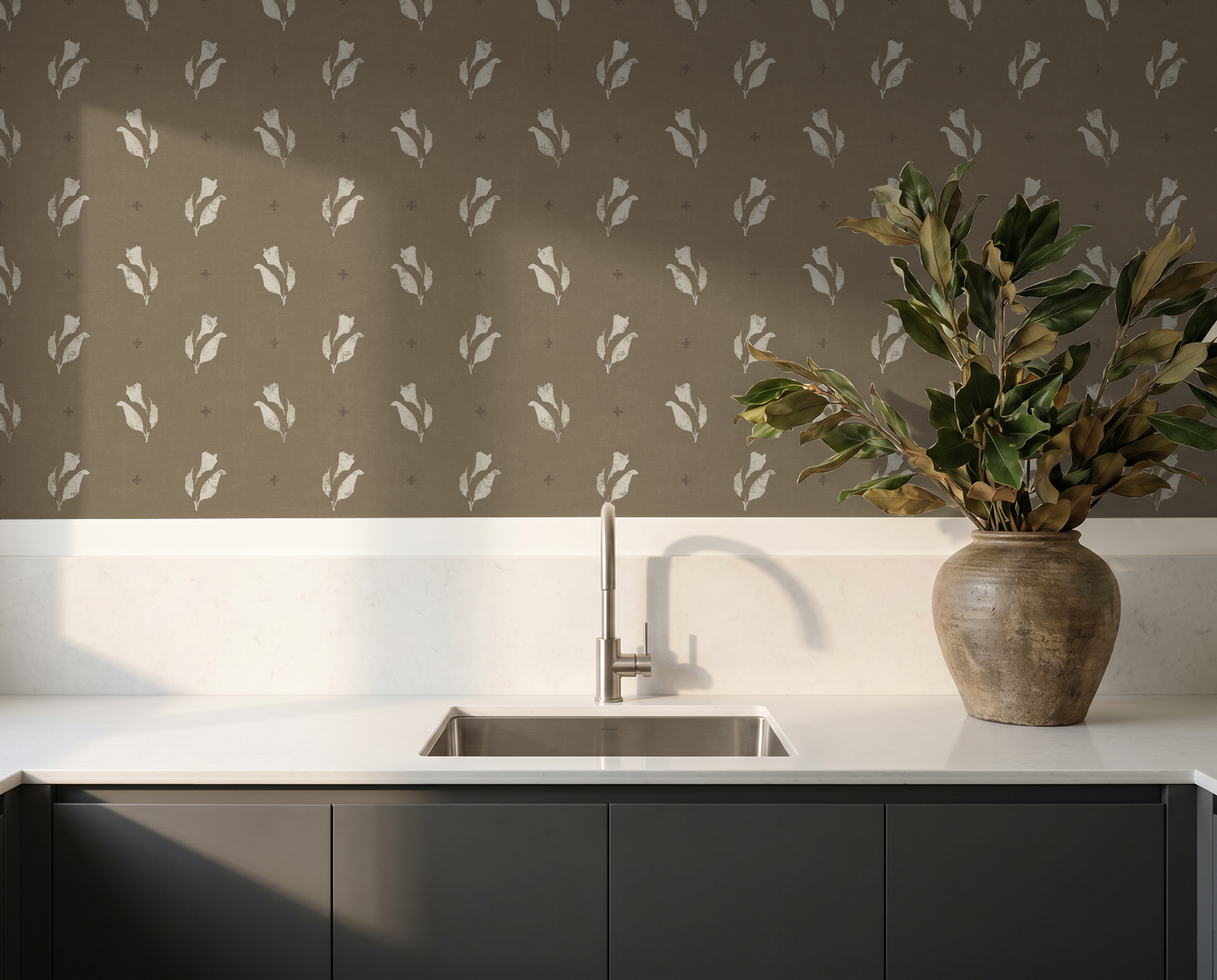 Olive floral wallpaper with ivory blooms in modern kitchen setting.