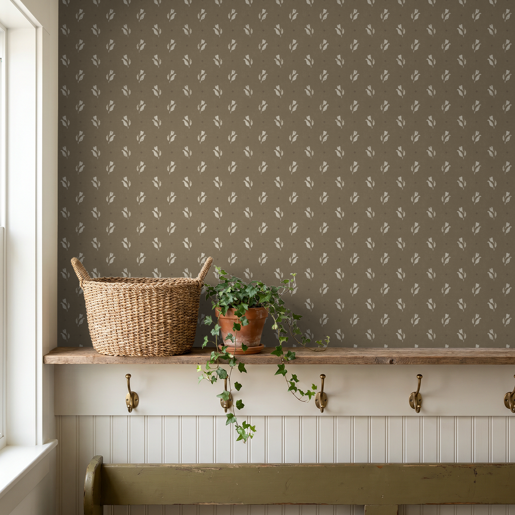 Olive floral wallpaper with ivory motifs in rustic room setting