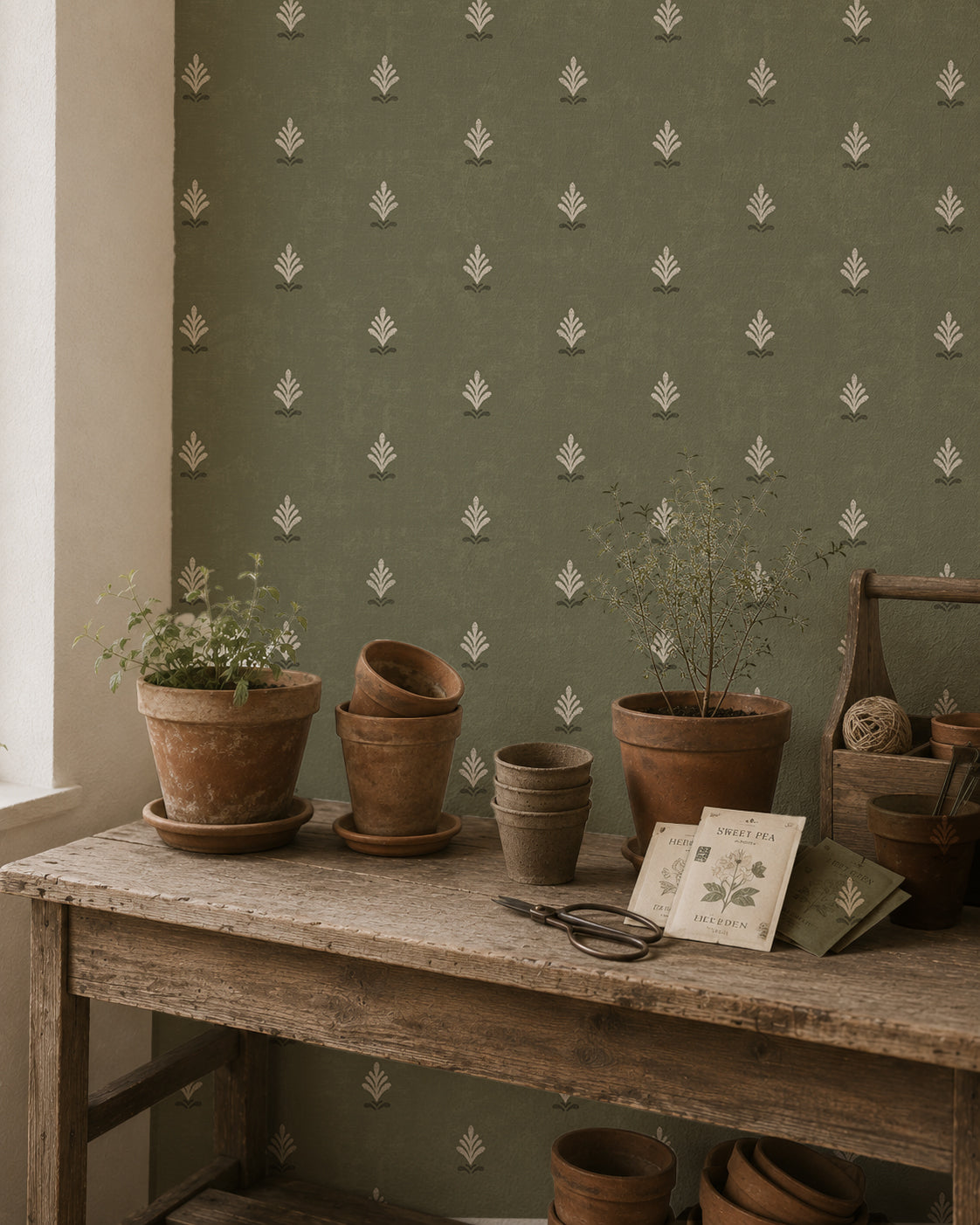 Olive green wallpaper with cream motifs in rustic setting with terracotta pots.
