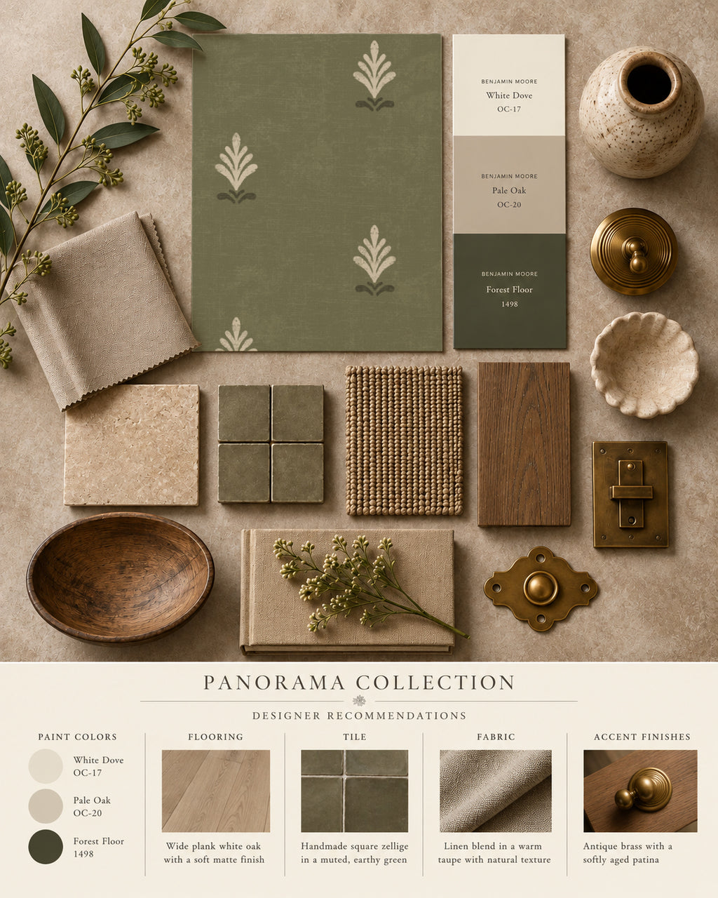 Olive green wallpaper with cream motifs styled with fabric and decor samples.