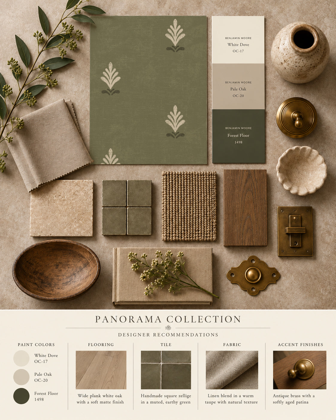 Olive green wallpaper with cream motifs styled with fabric and decor samples.