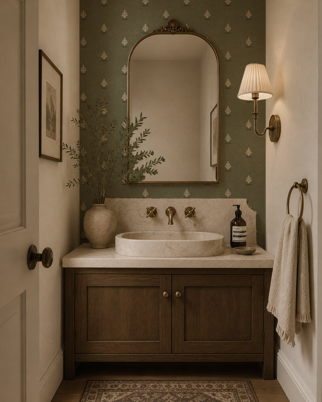 Olive green floral wallpaper in vintage bathroom with wooden vanity.