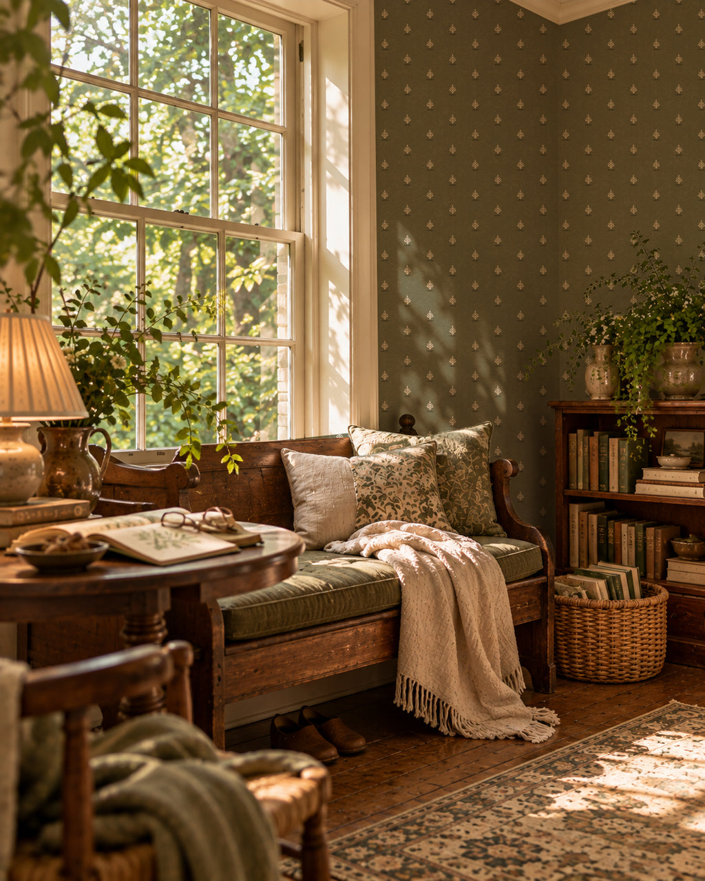 Olive green wallpaper with cream motifs in cozy vintage living room setting.