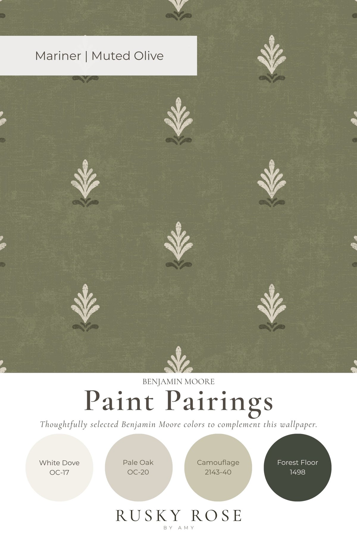 Olive green wallpaper with cream motifs in vintage style.
