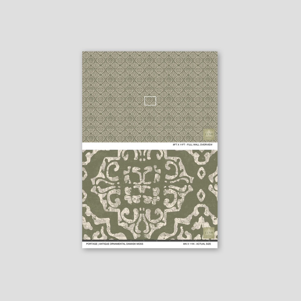 Ornamental damask wallpaper in moss green and cream with intricate vintage pattern.