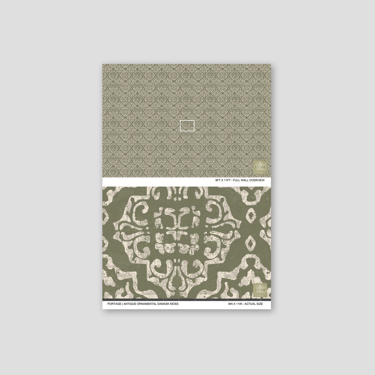 Ornamental damask wallpaper in moss green and cream with intricate vintage pattern.