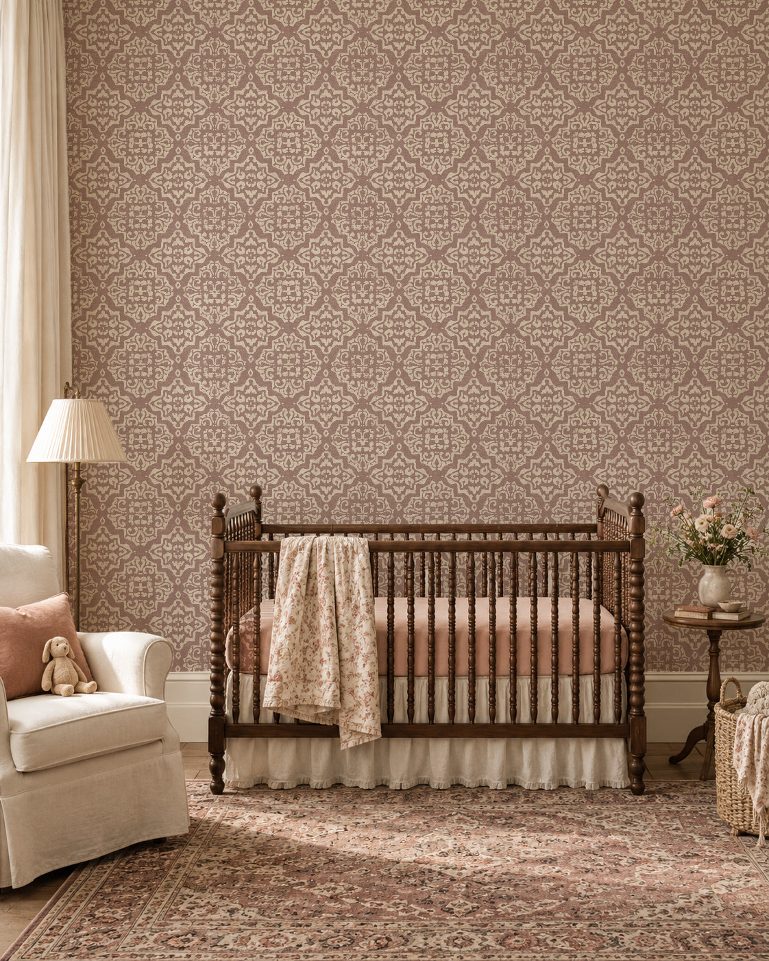 Ornate damask rosewood wallpaper in vintage nursery setting with crib.