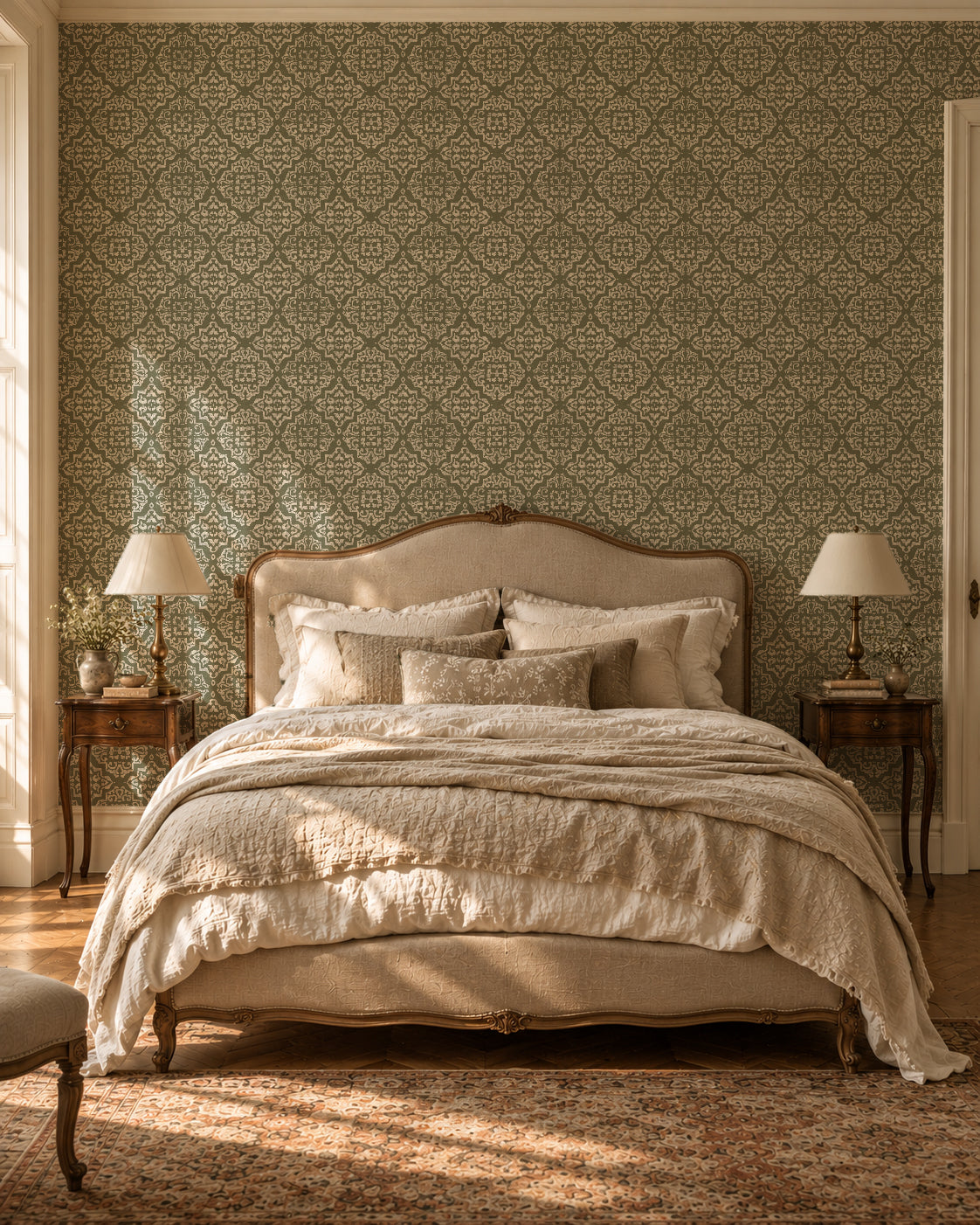 Ornate damask wallpaper in sage and cream in a cozy bedroom setting.